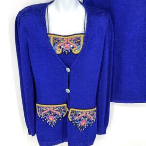 Vintage Elizabeth New York Blue Purple Embellished 3 Piece Wool Knit Set Size M